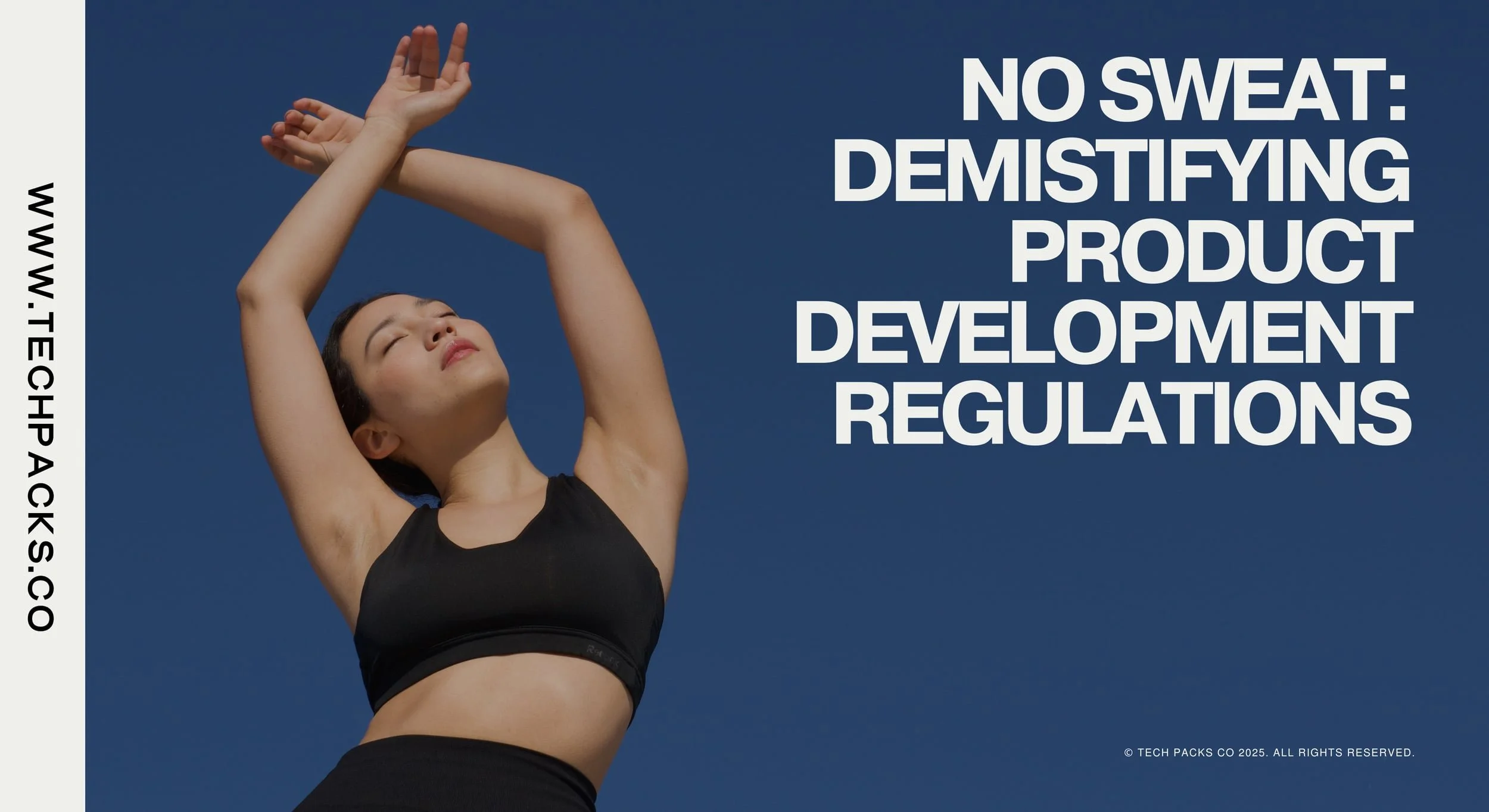 Woman in athletic wear stretching outdoors, with text about demystifying product development regulations on a blue sky background.