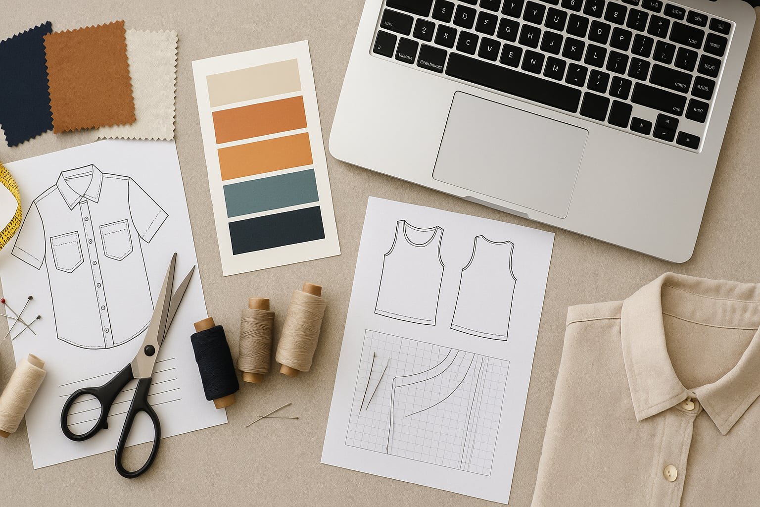 Flat lay of fashion production tools