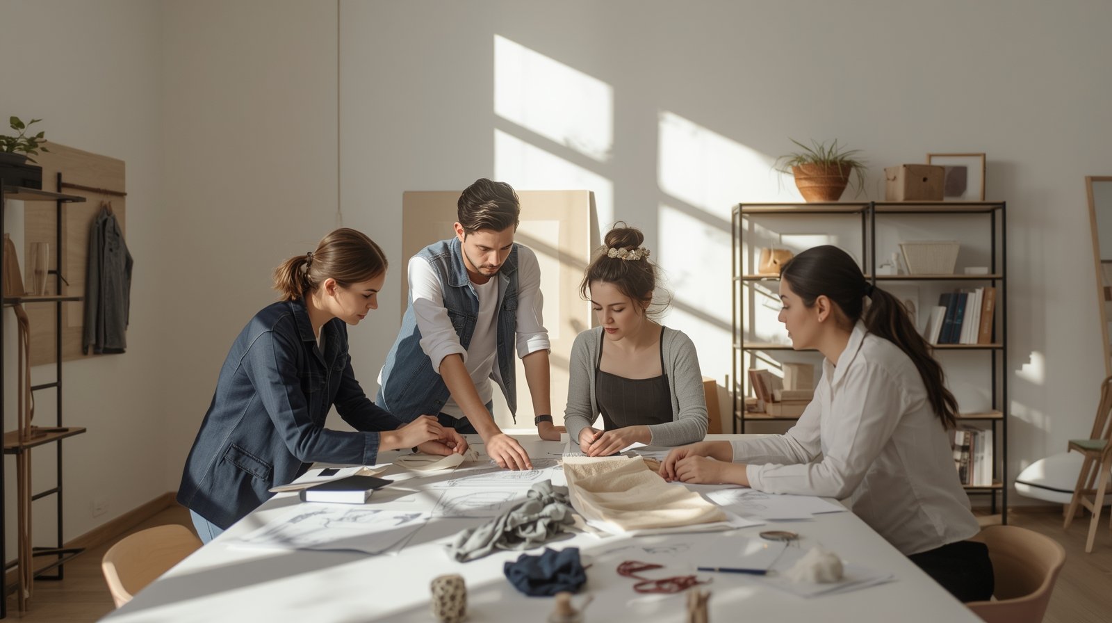 Four people collaborate around a table with papers and fabric in a sunlit office space, working on a creative project.
