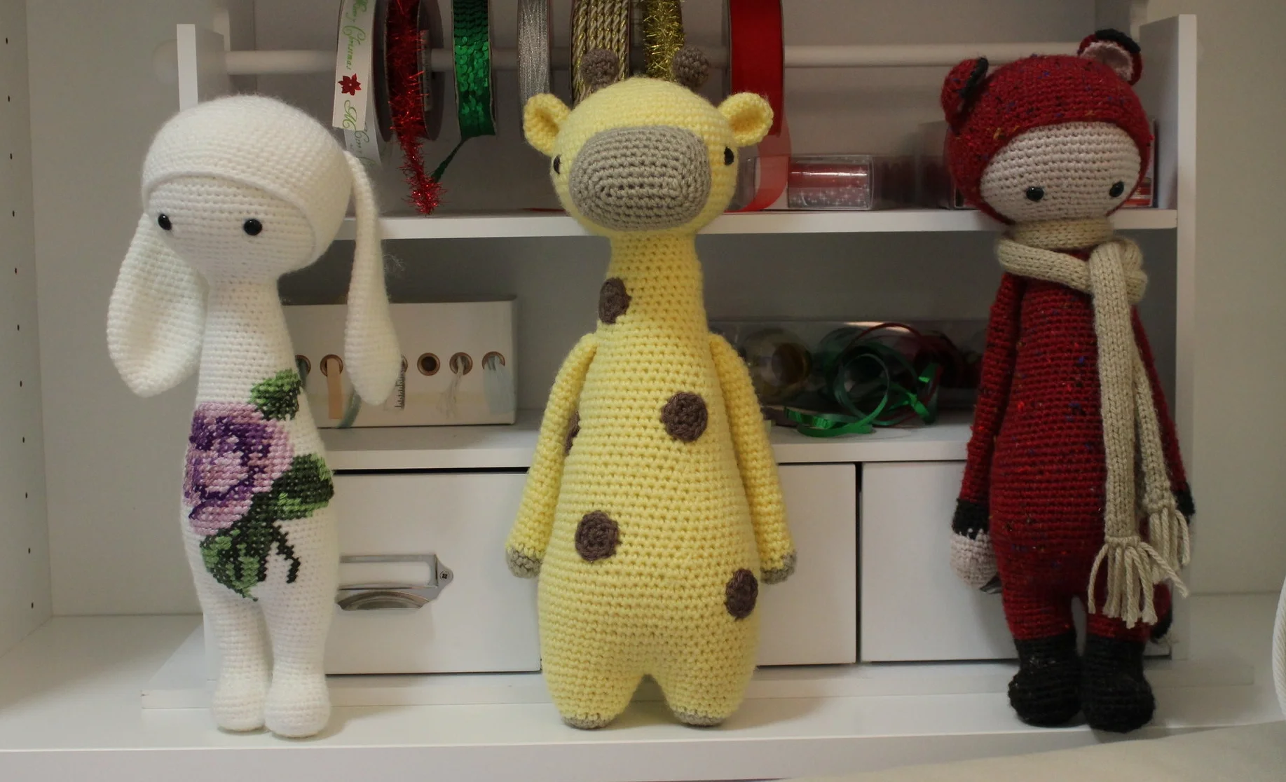 It is hard to see here, but Rita the Rabbit is actually made with the same type of yarn as the giraffe. Just a smaller hook and tighter tension to create those tiny stitches.