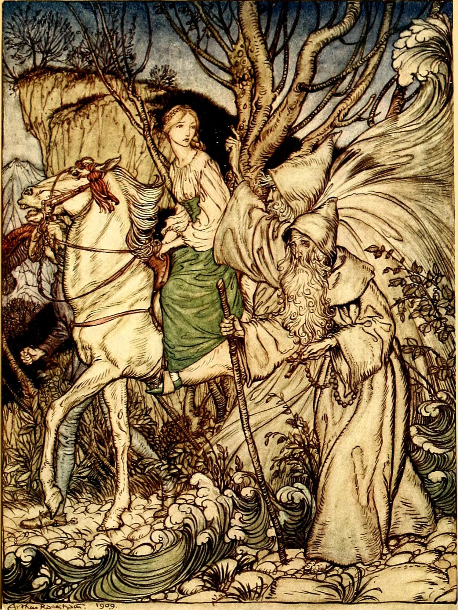 “…the blade struck against a waterfall, which was rushing down near them from a lofty crag, and with a splash, which sounded almost like a burst of laughter, it poured over them and drenched them to the skin. Whereat the priest of a sudden woke from his dream…” From Undine by Friedrich de la Motte Fouqué