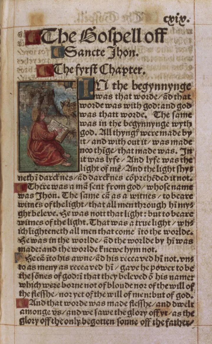 First page of the Gospel of John from the first Bible printed in the English language - the Tyndale Bible (1526). Click to enlarge.