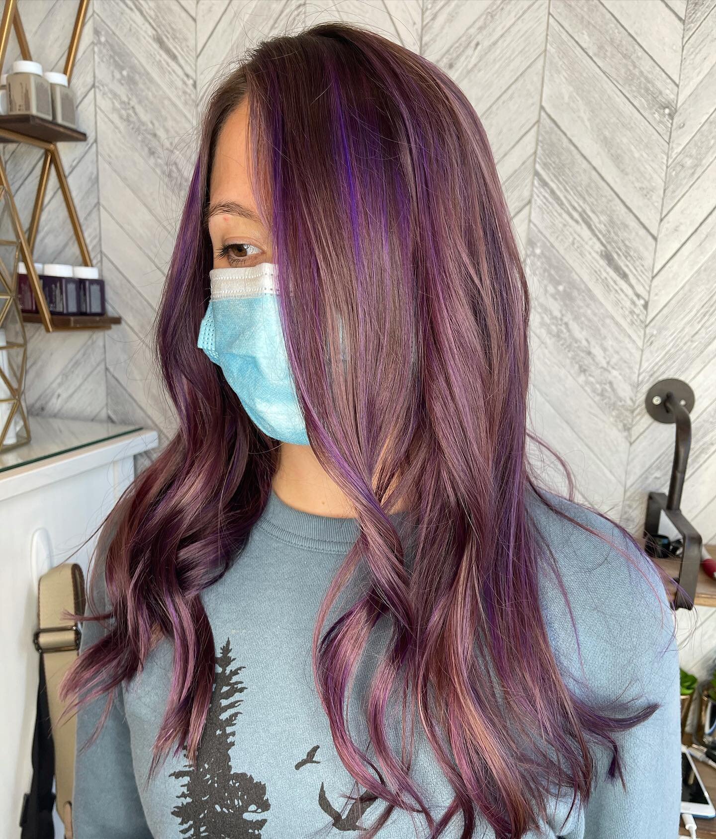 💜You&rsquo;re turning violet, Violet💜 Some fun WFH hair today. We decided to do two shades of purple to keep some dimension over her existing highlights.