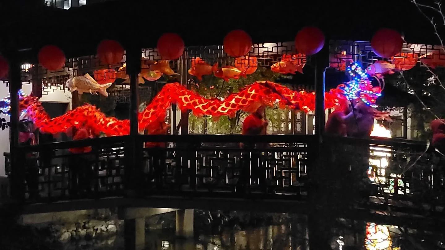 Illuminated dragon dancing over the bridge at @lansuchinesegarden