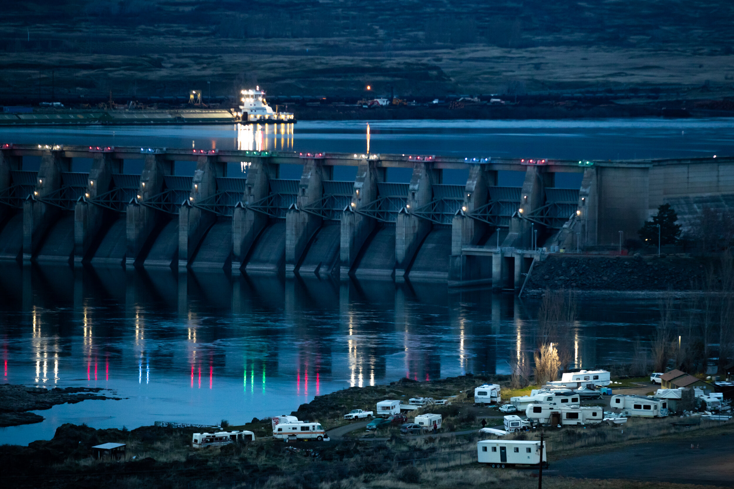  The Lone Pine in-lieu fishing site sits in the shadow of The Dalles Dam on Dec. 29, 2020. The construction of the dam in the 1950’s flooded Celilo Falls, a historic and one of the oldest communities in North America. Nearly 50 Native Americans live 