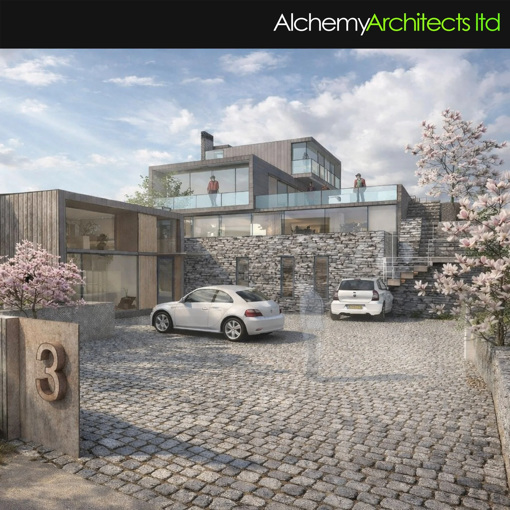 Terraced house using stacked stone and timber 