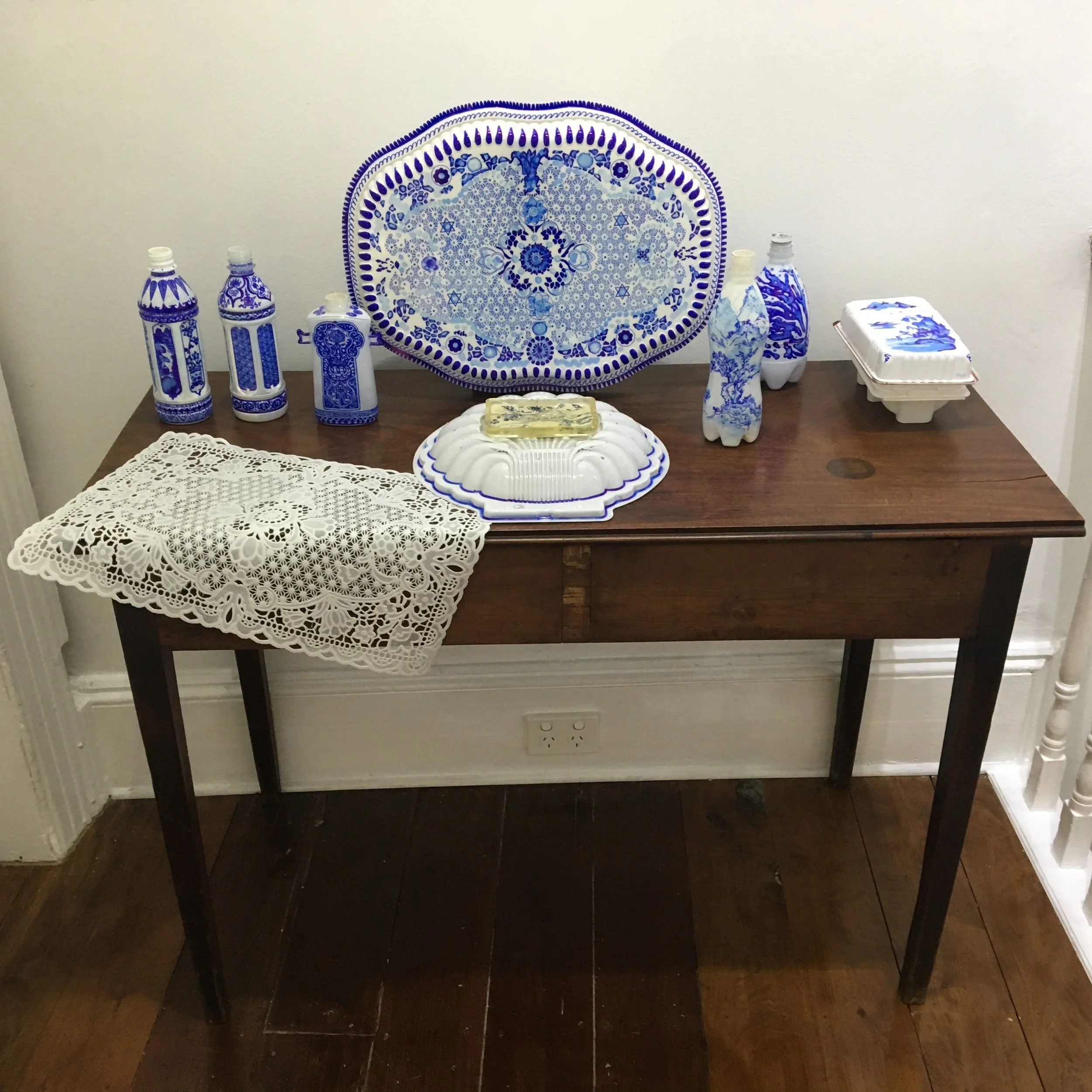 Table Peace 2017, PET found plastics, resin, enamel paint, permanent marker, silicone, dimensions variable