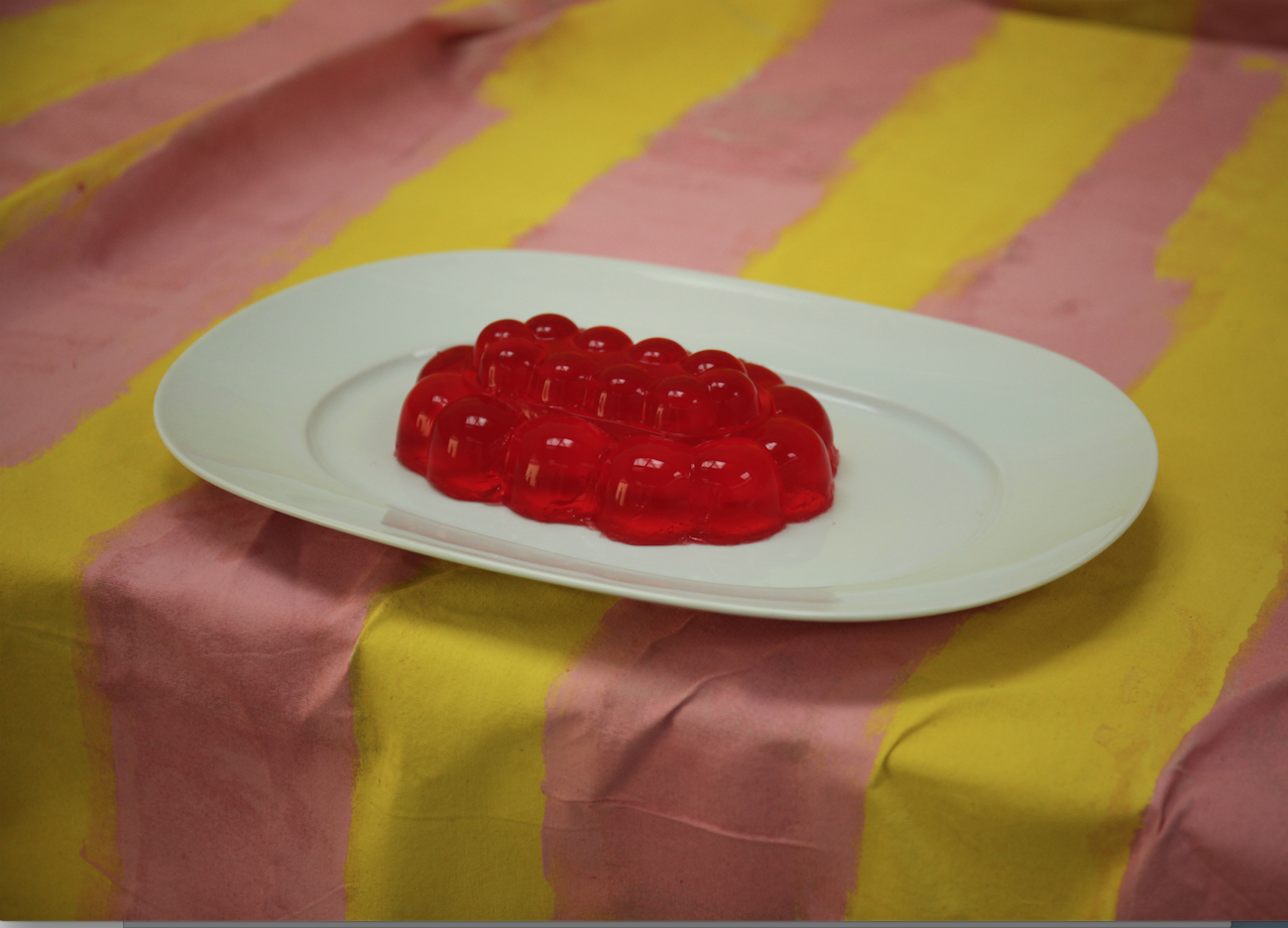 Madeleine Preston, Museum of Sugar - Work in progress, 2018, Hartley’s jelly, ceramic plate, painted calico, dimensions variable