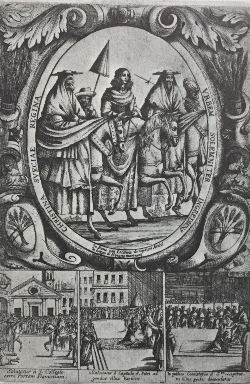 Christina rides into Rome, accompanied by cardinals. Etching, ca. 1668