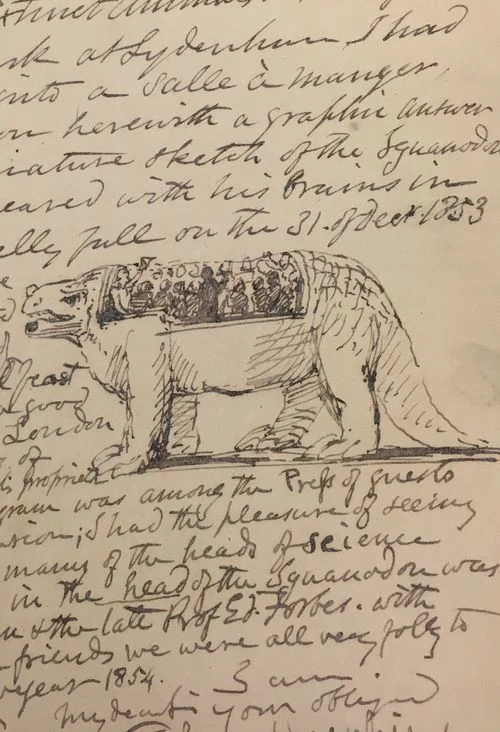 Detail of the dinner party held inside the Iguanodon, from Hawkins' letter to Trimmer, Add MS 50150 .