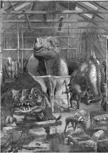 Etching showing the mould being created from the full size clay model of the iguanodon from Illustrated London News, Dec 31 1853