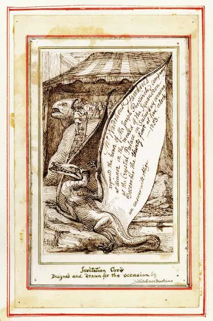 Original drawing by Benjamin Waterhouse Hawkins for the invitation to Dinner in the Iguanodon Mould. This is preserved in Academy of Natural Sciences of Drexel University. A printed invitation also is preserved in the Waterhouse Hawkins collection at the Natural History Museum. For more information, please see here. 