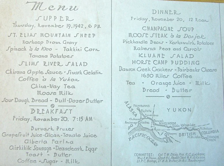 The menu for the Opening Ceremonies of the Alaskan Highway (1942), printed on a blueprinting machine 