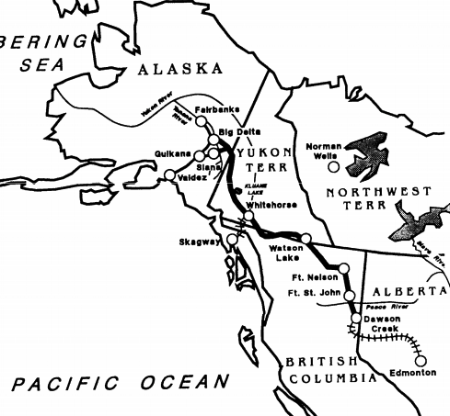 A map of the Alaskan Highway, showing the supply rail links from Edmonton to Dawson Creek.