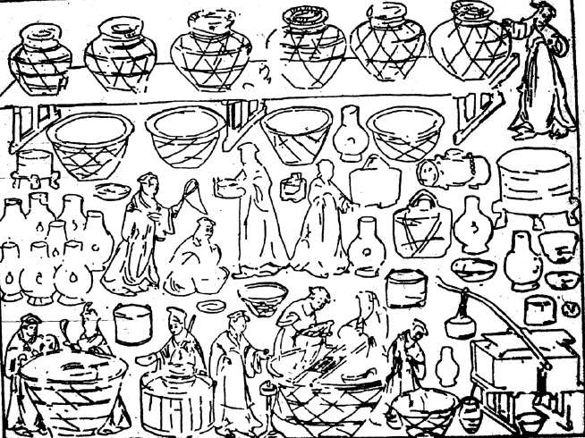 A kitchen scene from the east chamber in M1 Dahuting. Scholars suggest the bottom scenes show the art of making tofu. Courtesy of Rudolf Pfister, Institute for the History of Afro-Eurasian Life Sciences