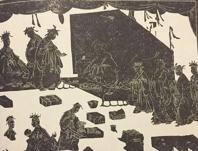 The stone relief showing the opening scenes of an opulent Han banquet, including cups of rice wine for all guests. Courtesy of K.C. Chang, Food in Chinese Culture