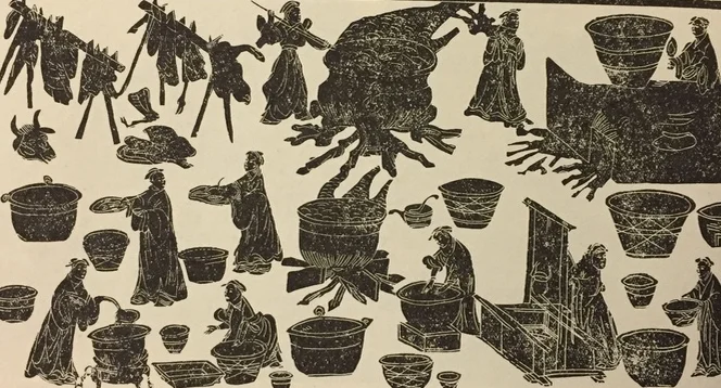 A kitchen scene from the stone reliefs at Dahuting. The man in the lower left hand corner is thought to be making keng or geng , an early form of soups and stews. Courtesy of K.C. Chang, Food in Chinese Culture