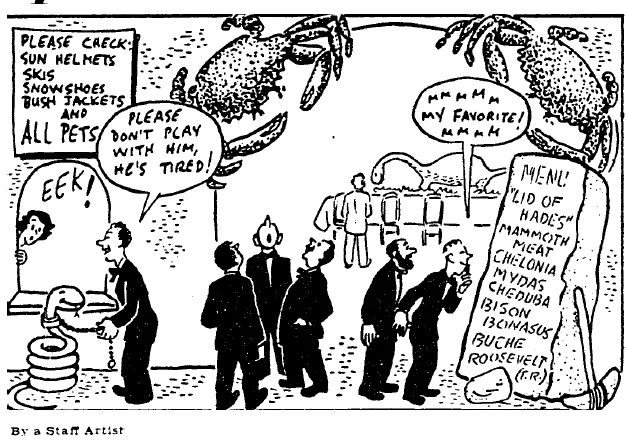 Cartoon accompanying a January 17, 1951 article in the Christian Science Monitor on the Explorers Club Annual Dinner.