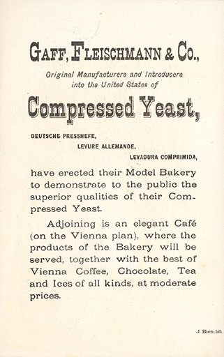 Centennial exhibition Vienna model bakery, demonstrating the pressed/instant yeast of the Gaff, Fleischmann & Co., Courtesy of the Free Library of Philadelphia