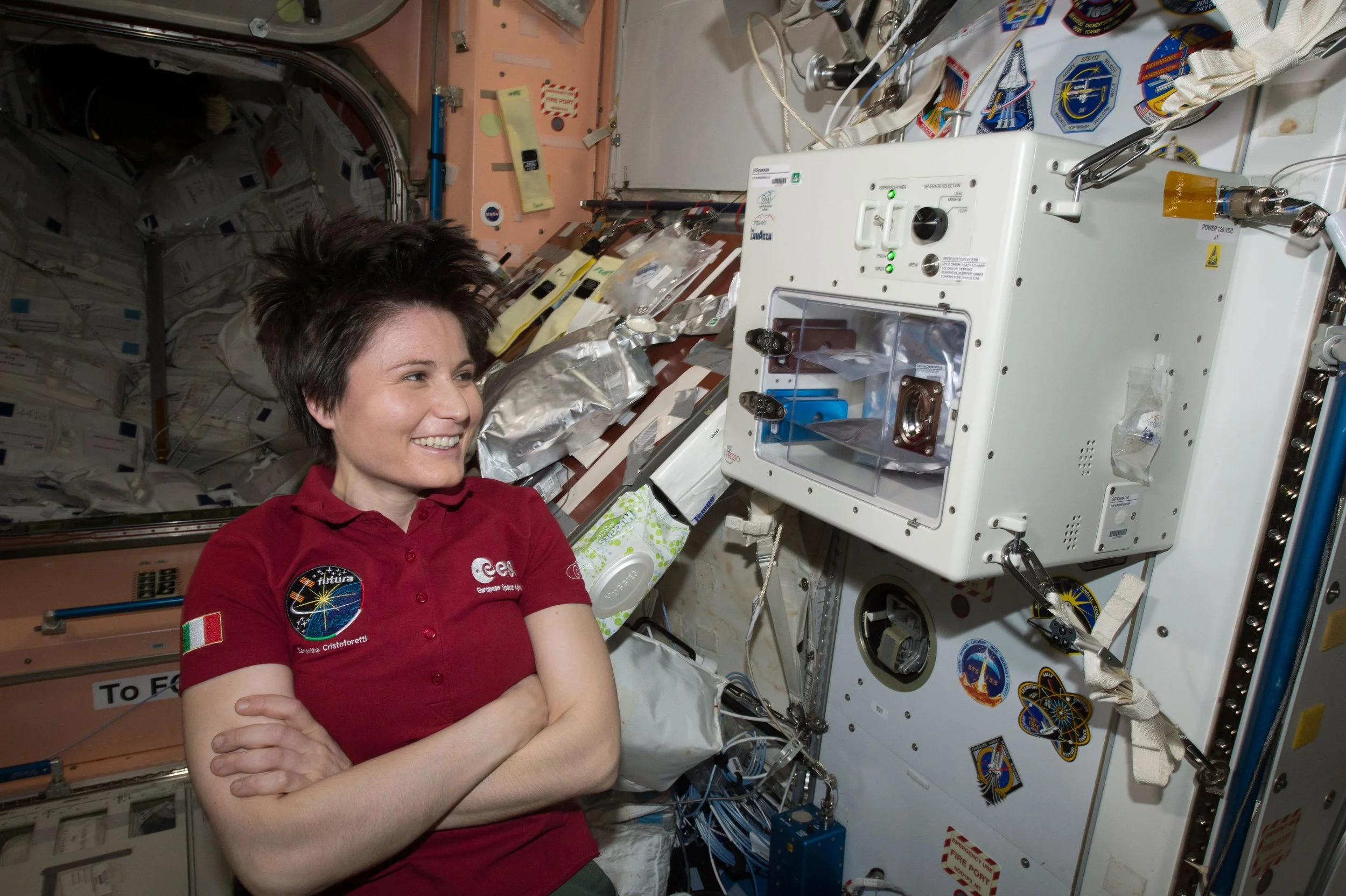 Astronaut Samantha Cristoforetti featured with the ISSpresso (Image courtesy of NASA)