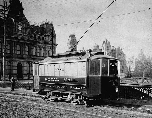 An early image of Ahearn's electrical railway at use in Ottawa, Canada.