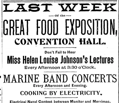 An ad for Helen Louise Johnson's cooking demonstrations in a January 22nd, 1894 edition of the Washington Post . 