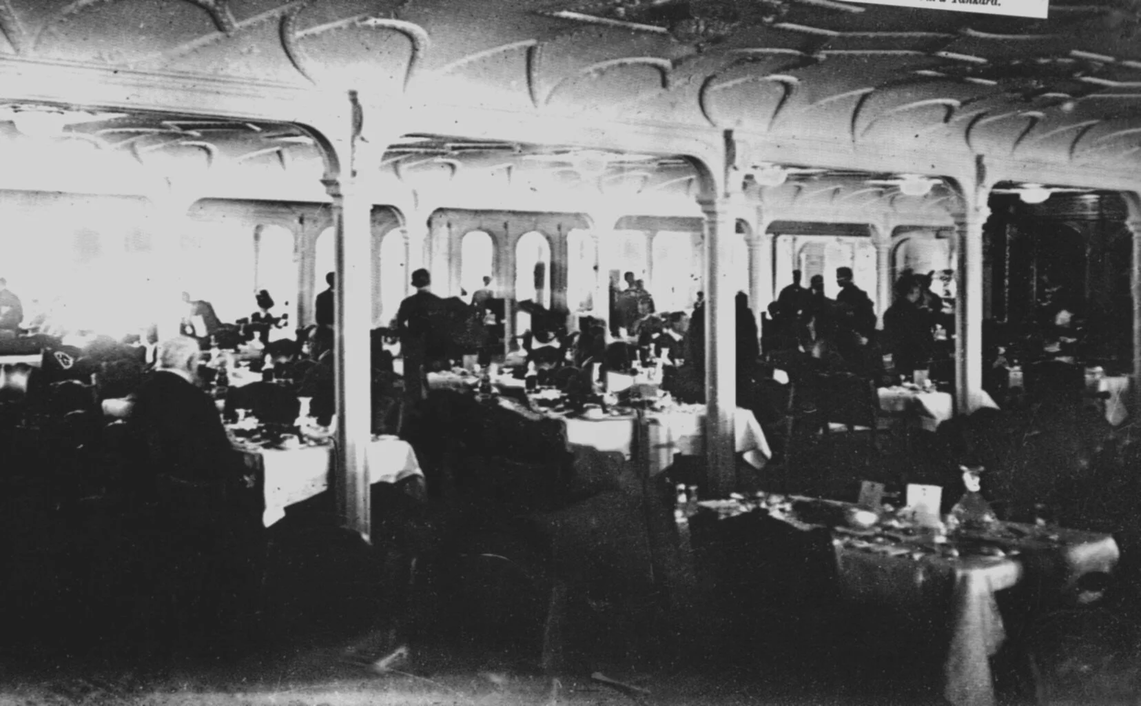 This is the only known photograph taken when the Titanic's First Class Dining Room was in use. It's believed to date from luncheon on April 11th, 1912. 