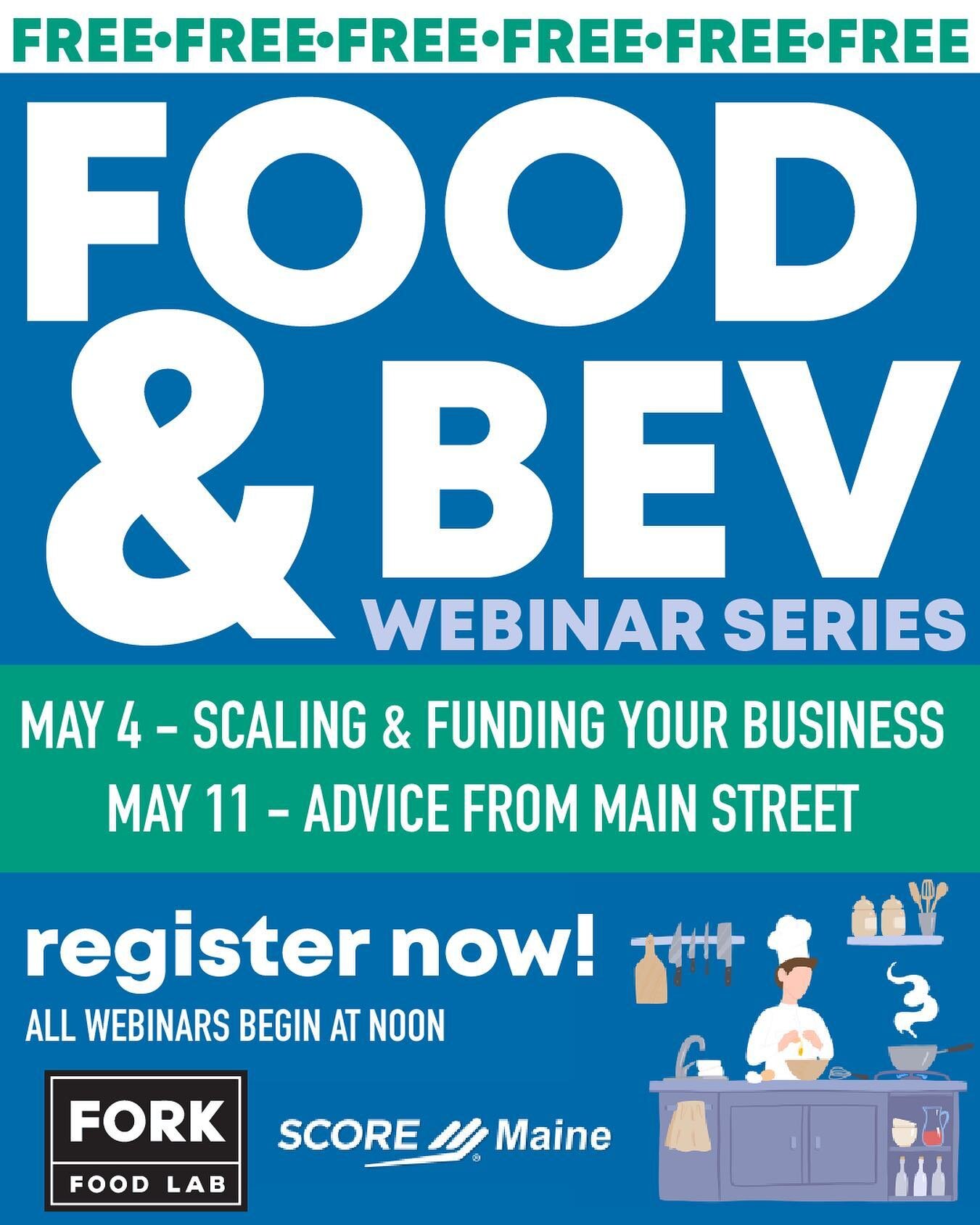 Part two in our collaborative webinar series with @scoremaine is happening this Thursday! Food &amp; Beverage - Scaling and Funding Your Business is designed to help food and beverage entrepreneurs in Maine take their businesses to the next level. Th