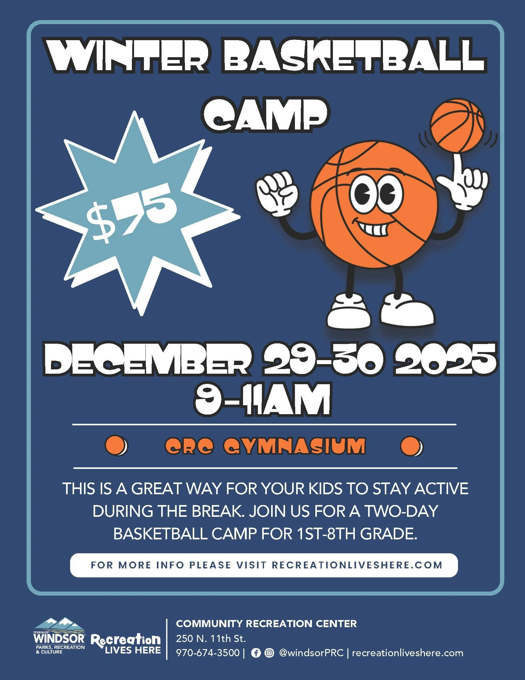 A cartoon-like flyer with an animated basketball. The details of this flyer are described in the description above.