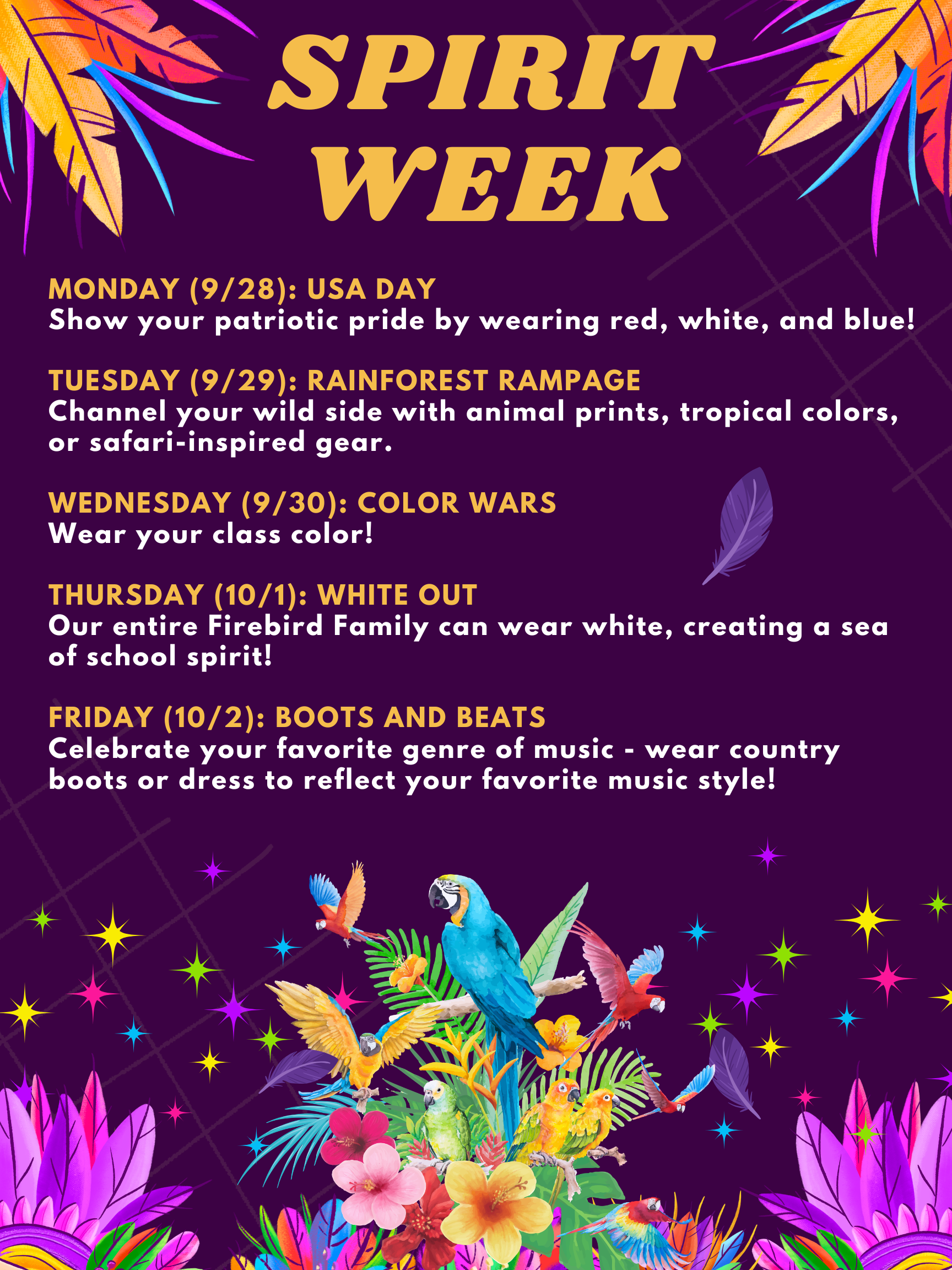 The content of this flyer is listed in the description above. There is a purple background with a tropical theme.