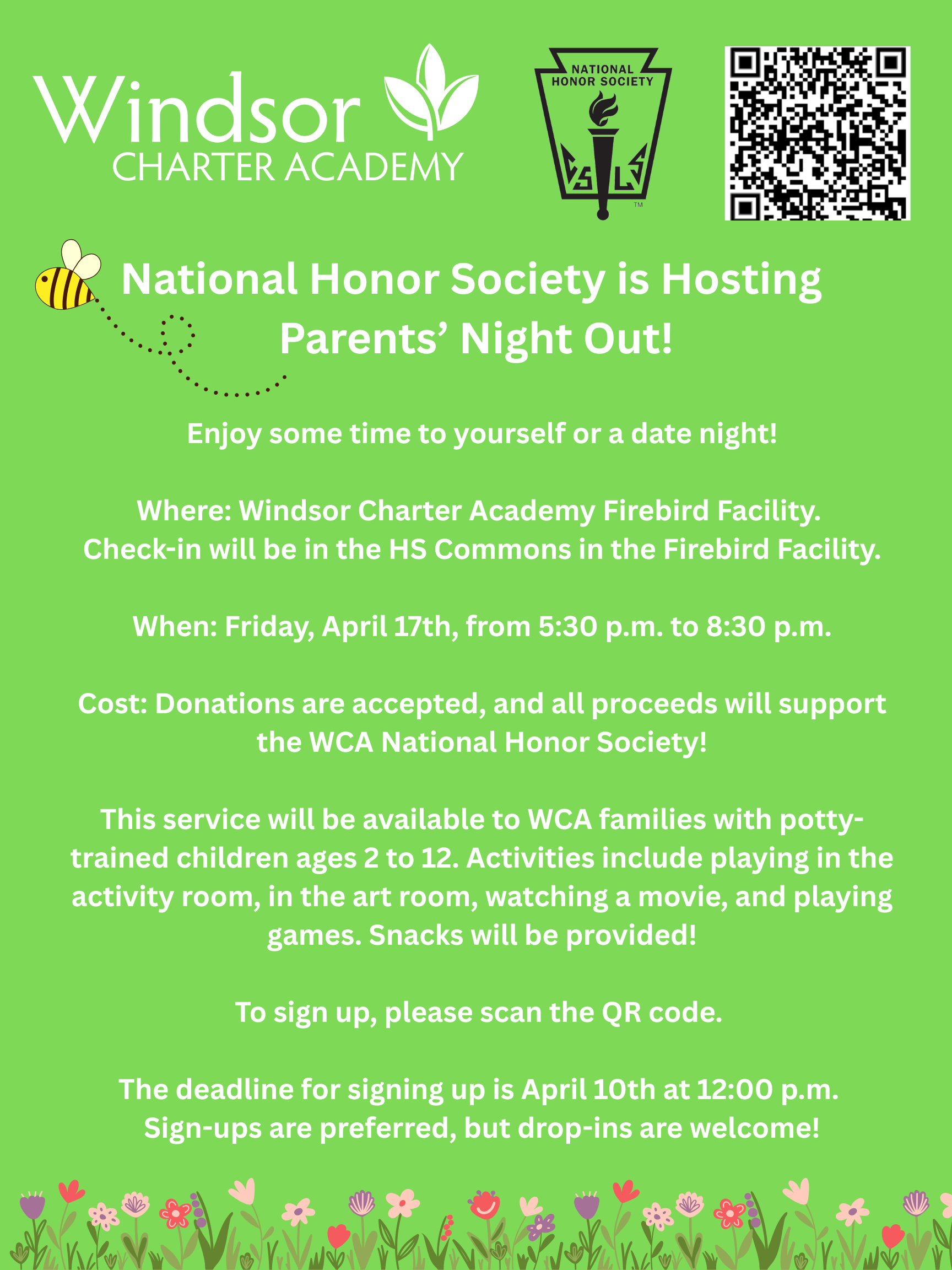 The contents of this flyer is listed in the description above. The flyer has a spring feel, with a bumble bee and  spring flowers at the bottom.