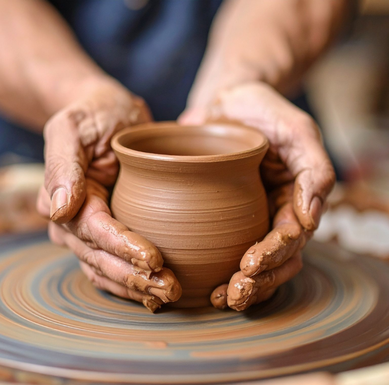 A person molding pottery on a pottery wheel