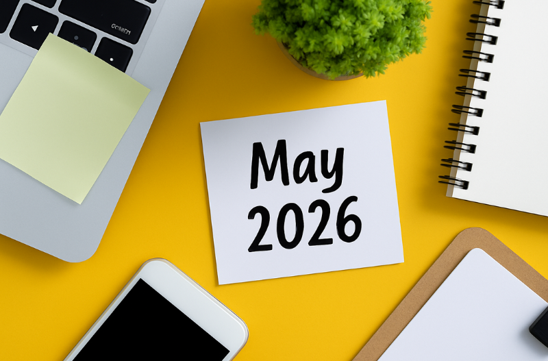 May 2026 with a variety of office supplies surrounding the date