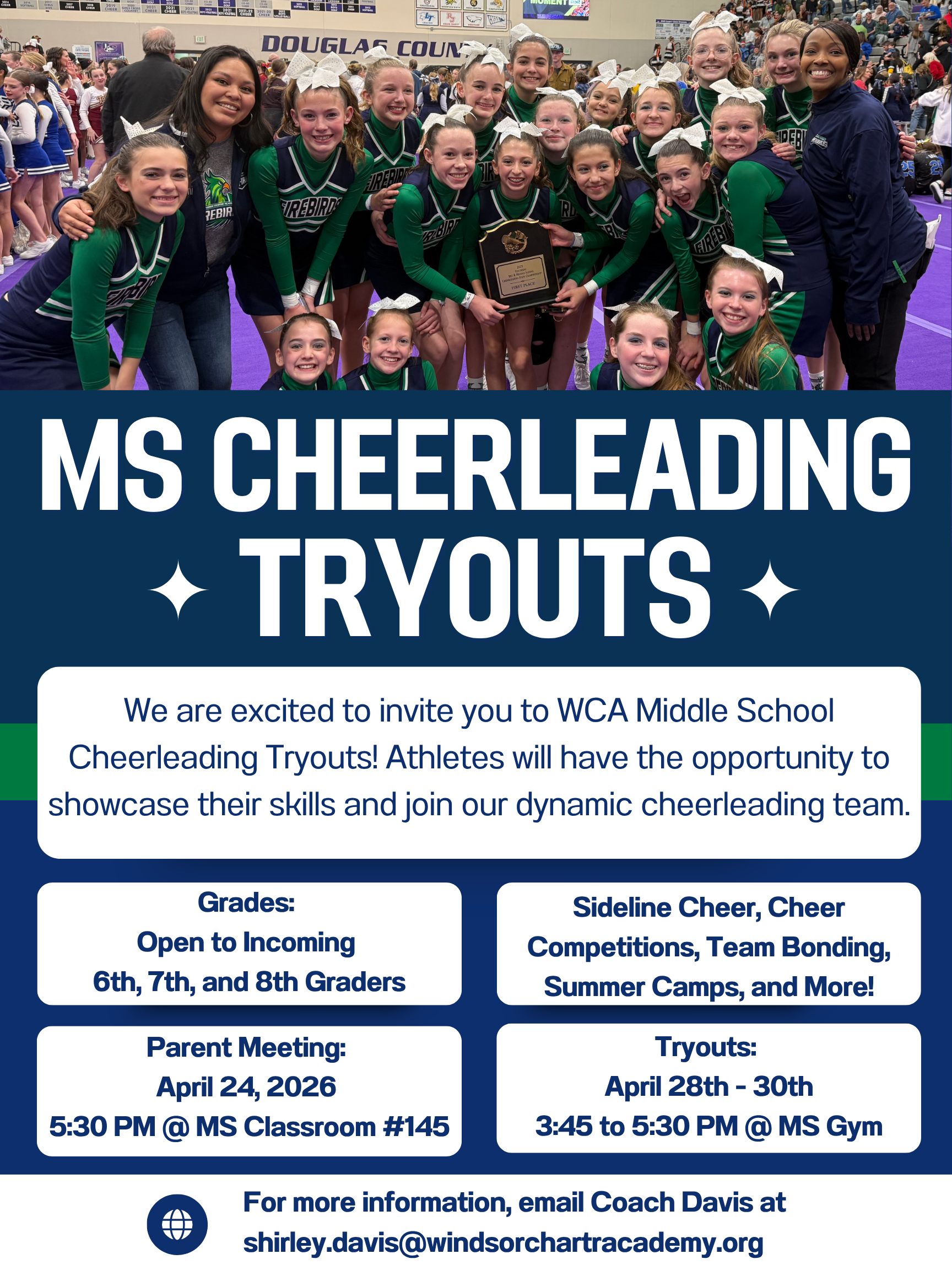 Flyer for cheer, with a picture of state championship photo at the top. The contents of the flyer is listed in the description above.