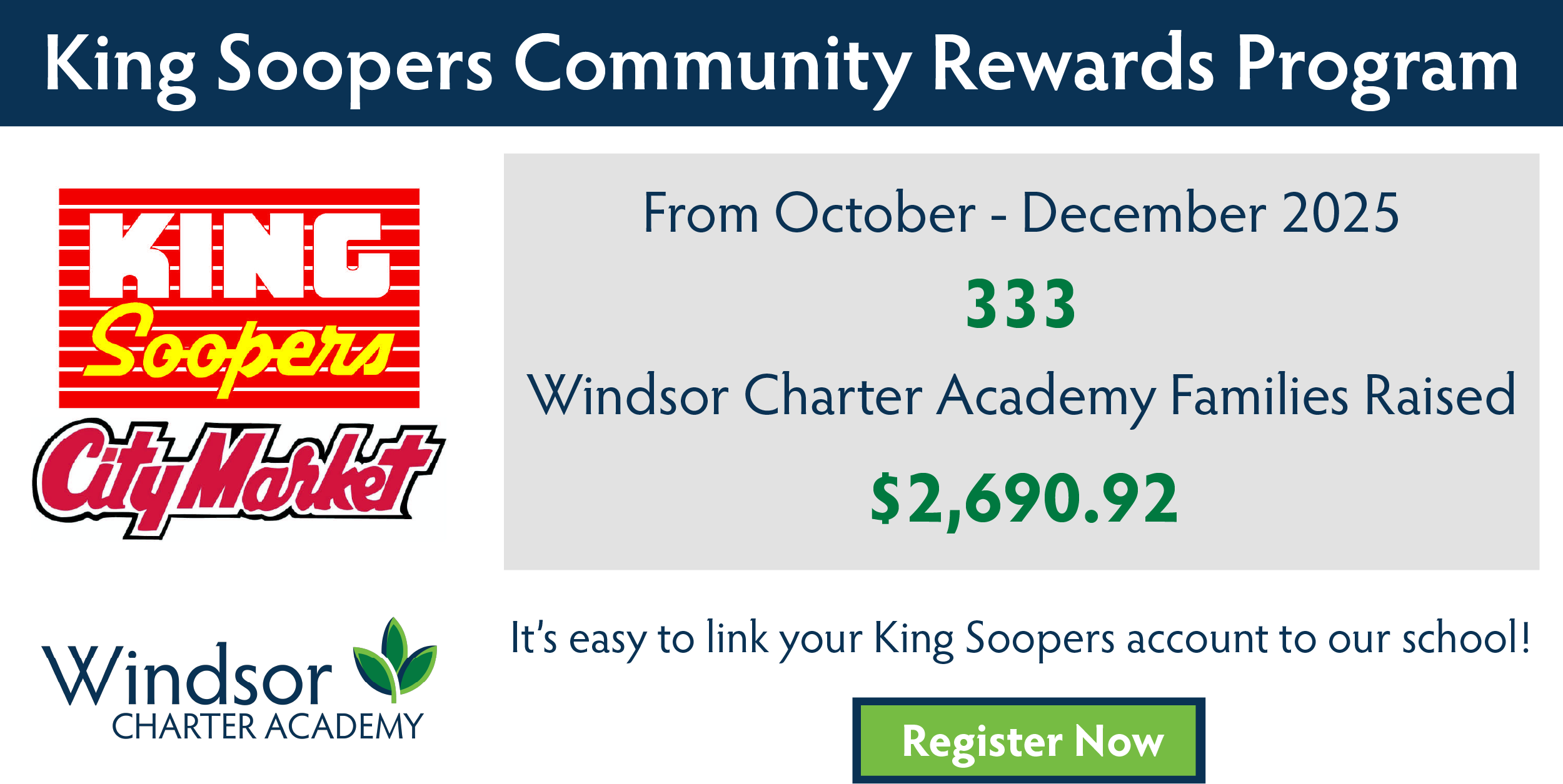 King Soopers Community Rewards Program - 333 WCA families have raised $2,690.92. It's easy to link your King Soopers account to our school! Register Now