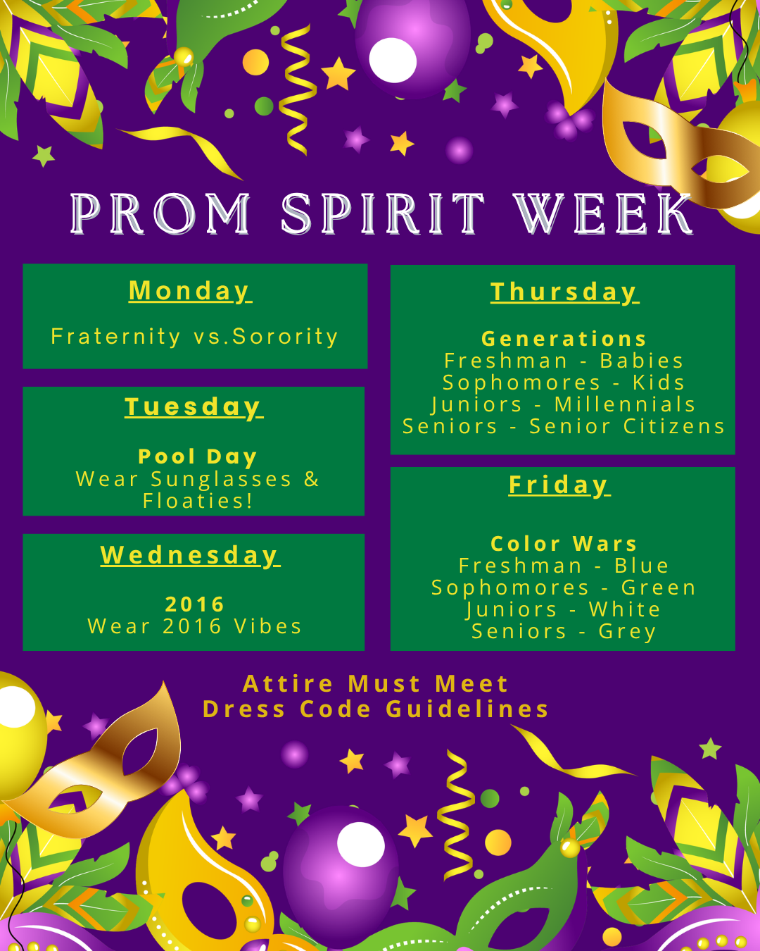 The details of this flyer are listed in the description above. There is a Mardi Gras theme to this flyer with several masks and decorations.