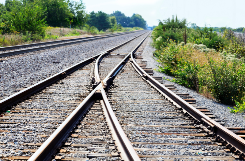 Railroad tracks with vegetation in the background
