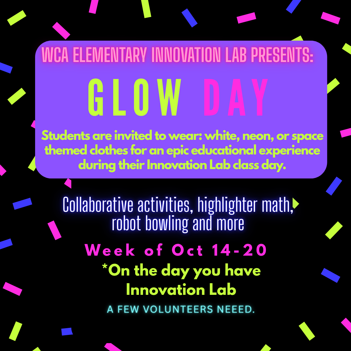A Glow Day flyer with bright colors. The content of this flyer can be found in the description above.