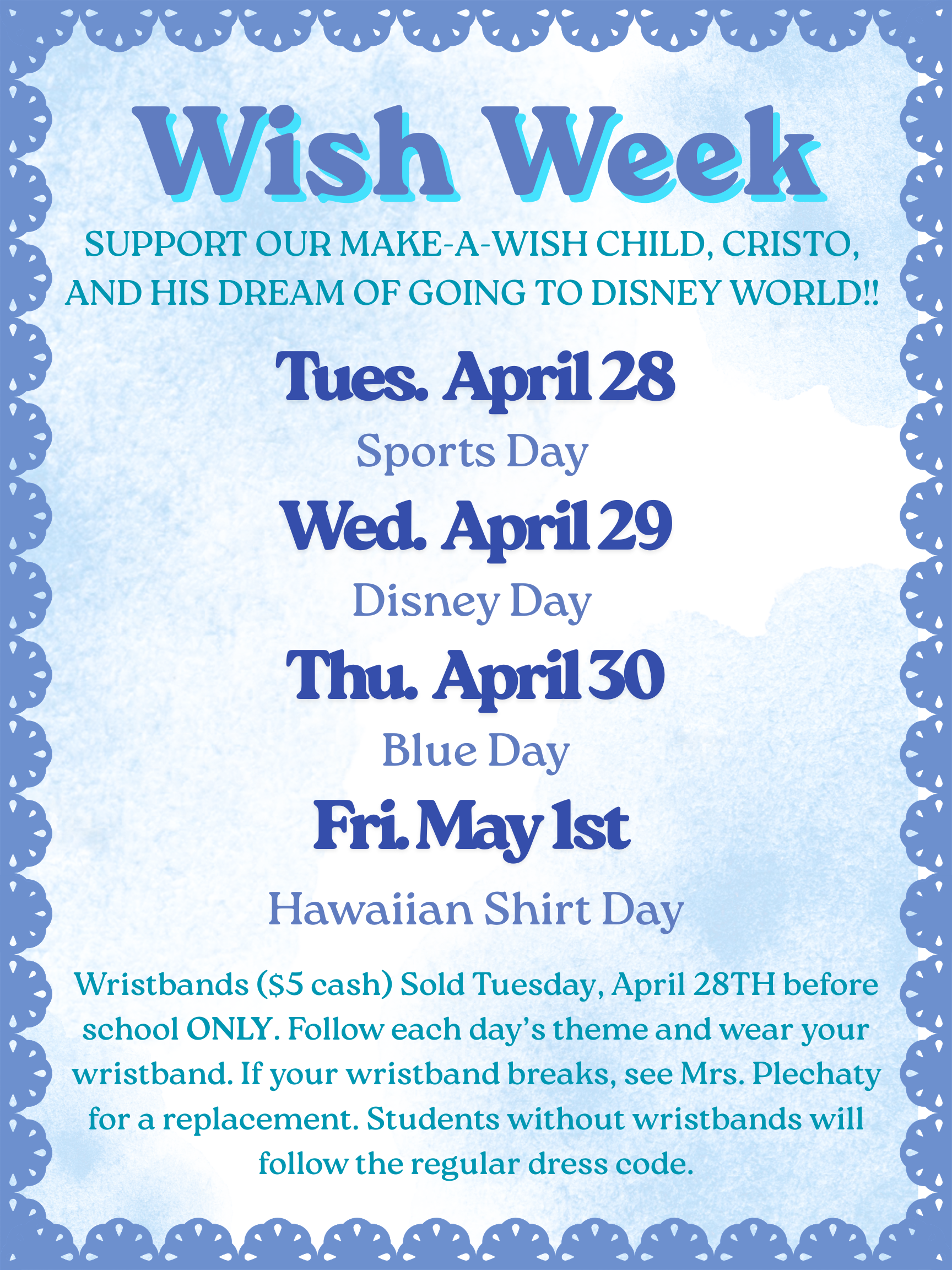 The contents of this flyer is detailed in the description above. The flyer has a blue cloudy background with a blue pattered border.