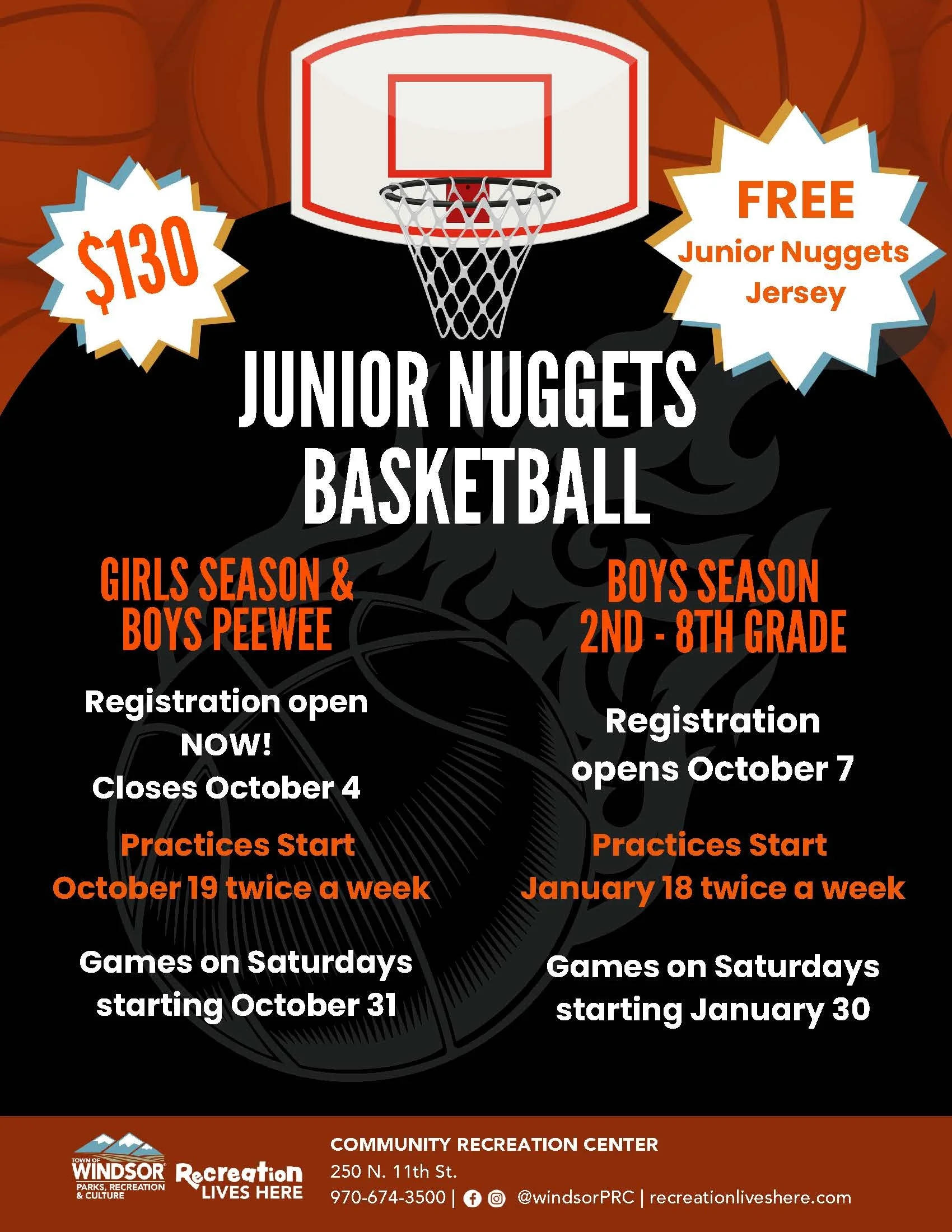 The content of this flyer is available in the description above. The flyer has a basketball design theme.