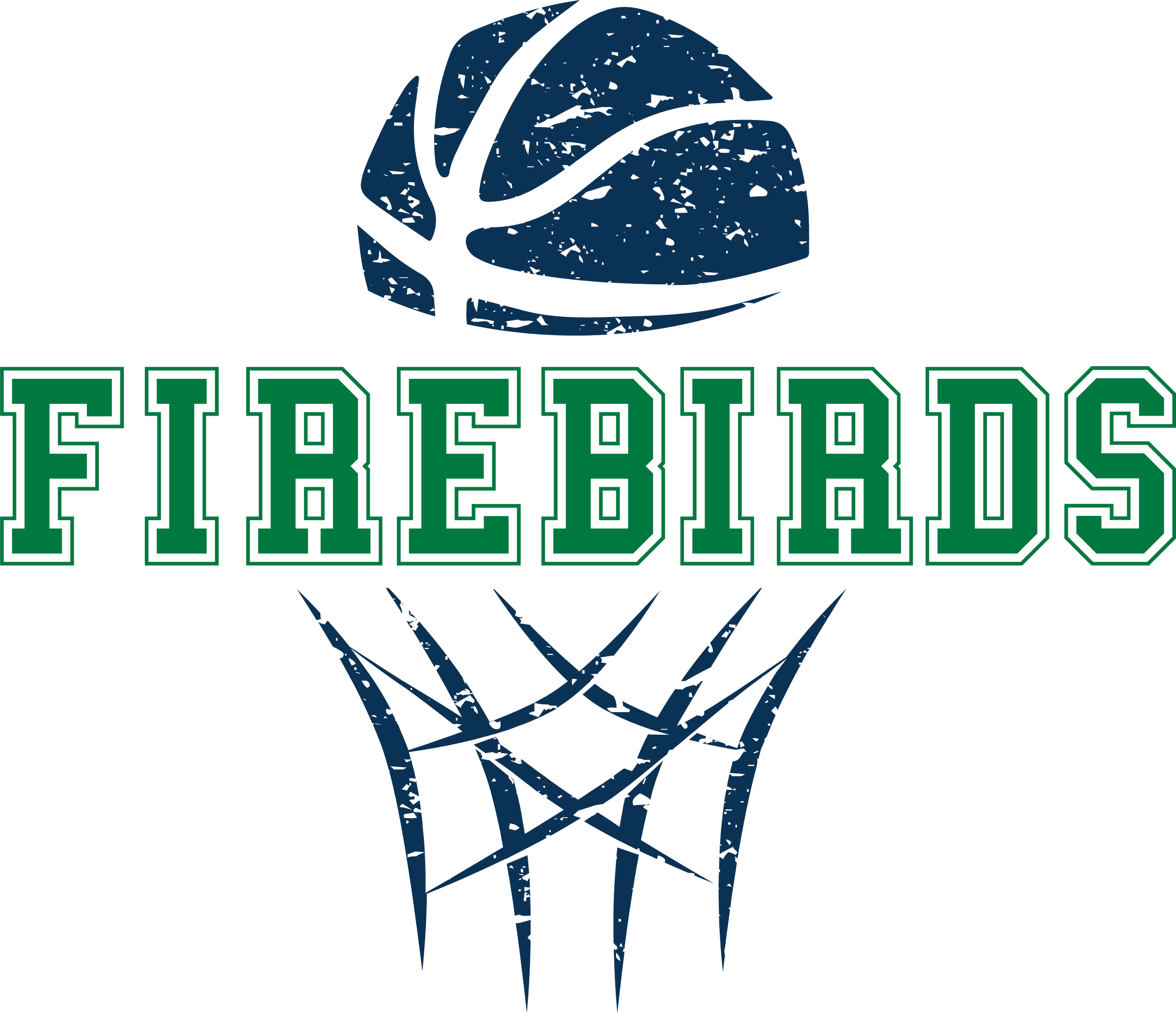 A distressed basketball going into a hoop, with the word Firebirds across it