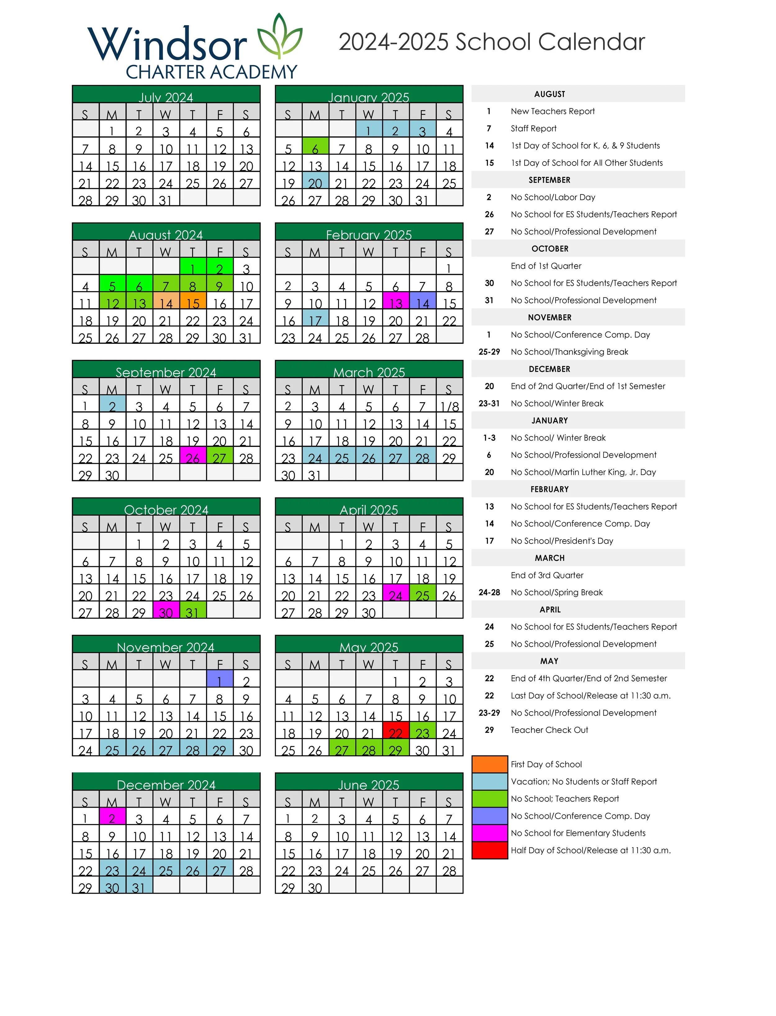 2024-25 School Calendar — Windsor Charter Academy