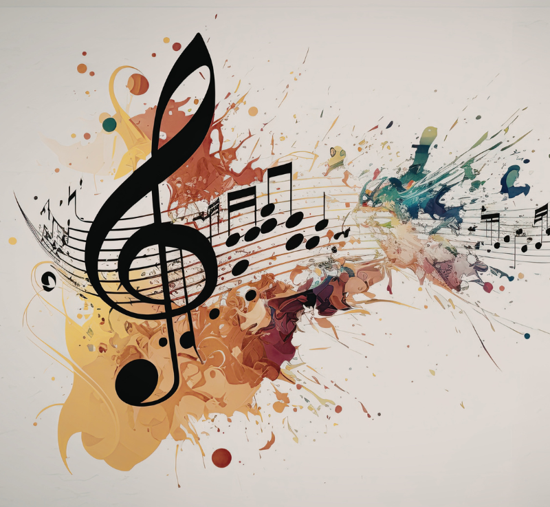 Musical notes with a splash of multi-colored paint in the background