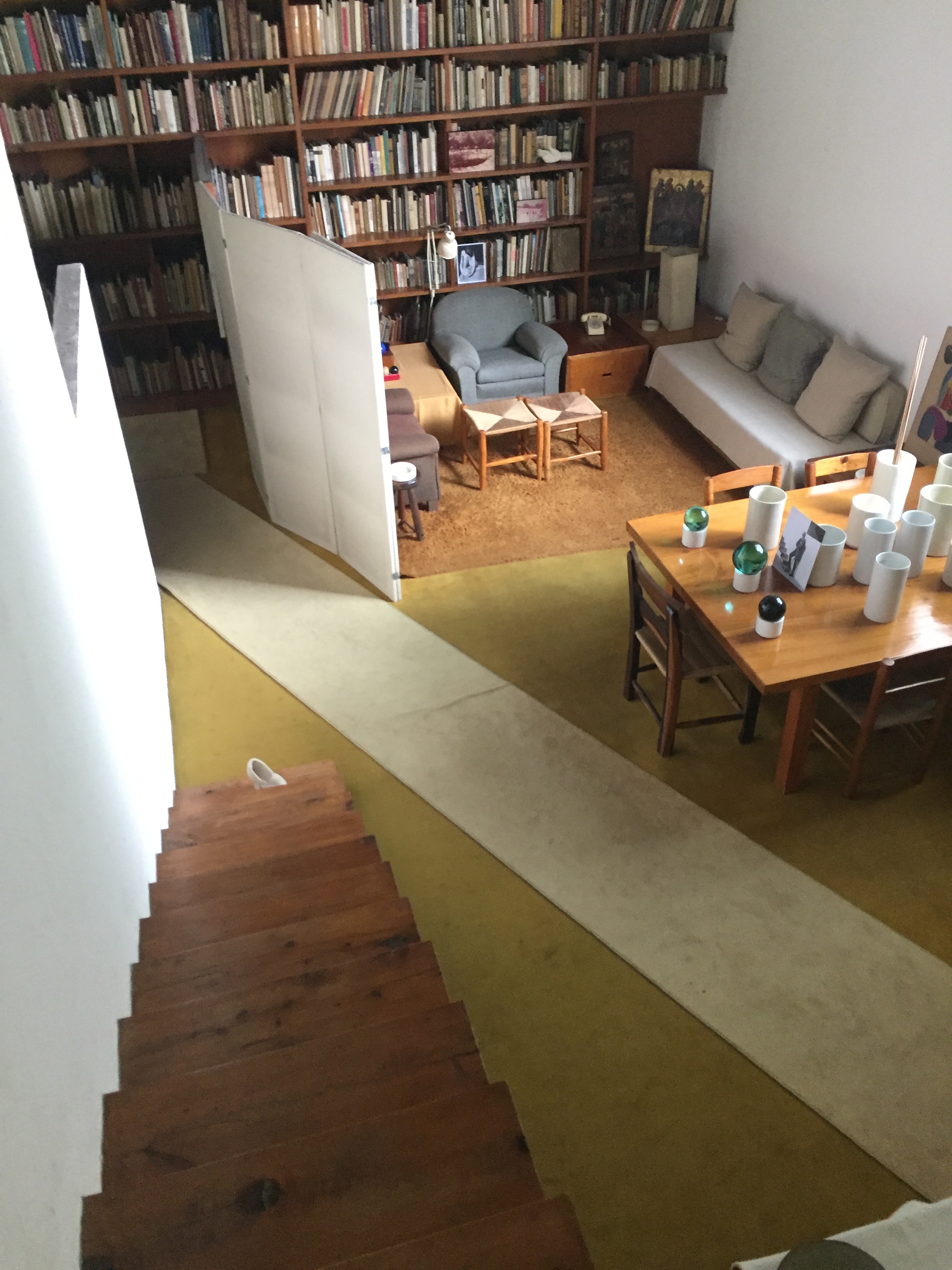 Looking down from his private music room. The 'vases' on the table were for his rolls of drawings. The bookcases contained many books I'd love to have read!