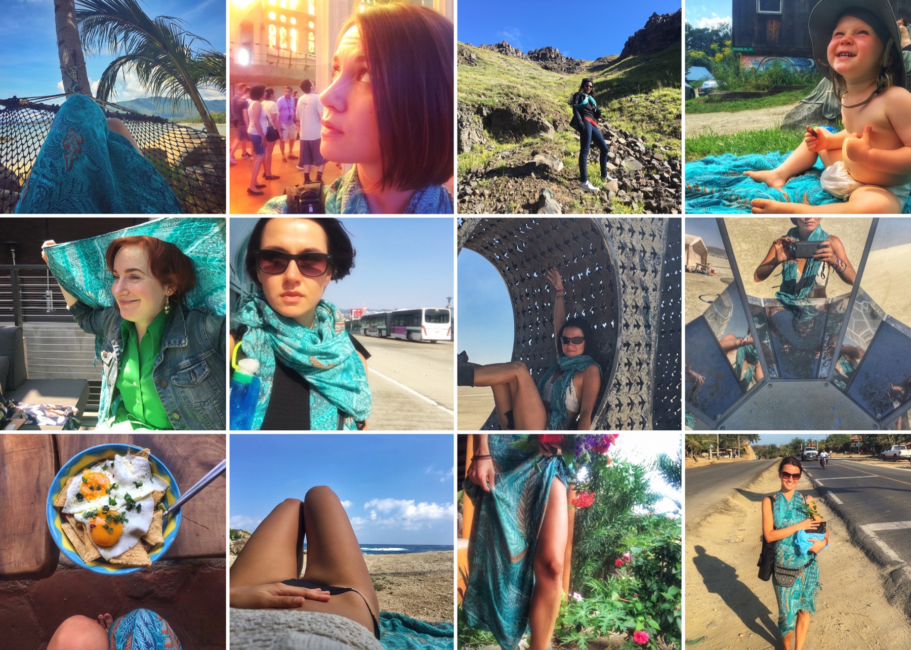 This turquoise sarong from Bali has served many purposes this year, from a dress, beach towel and bikini wrap in Mexico; to a picnic blanket in Vermont; a scarf for a fellow traveler in Iceland; a sun visor for a friend in San Francisco; a shoulder cover at La Sagrada Familia in Barcelona; and a dust scarf at Burning Man in the Nevada desert.
