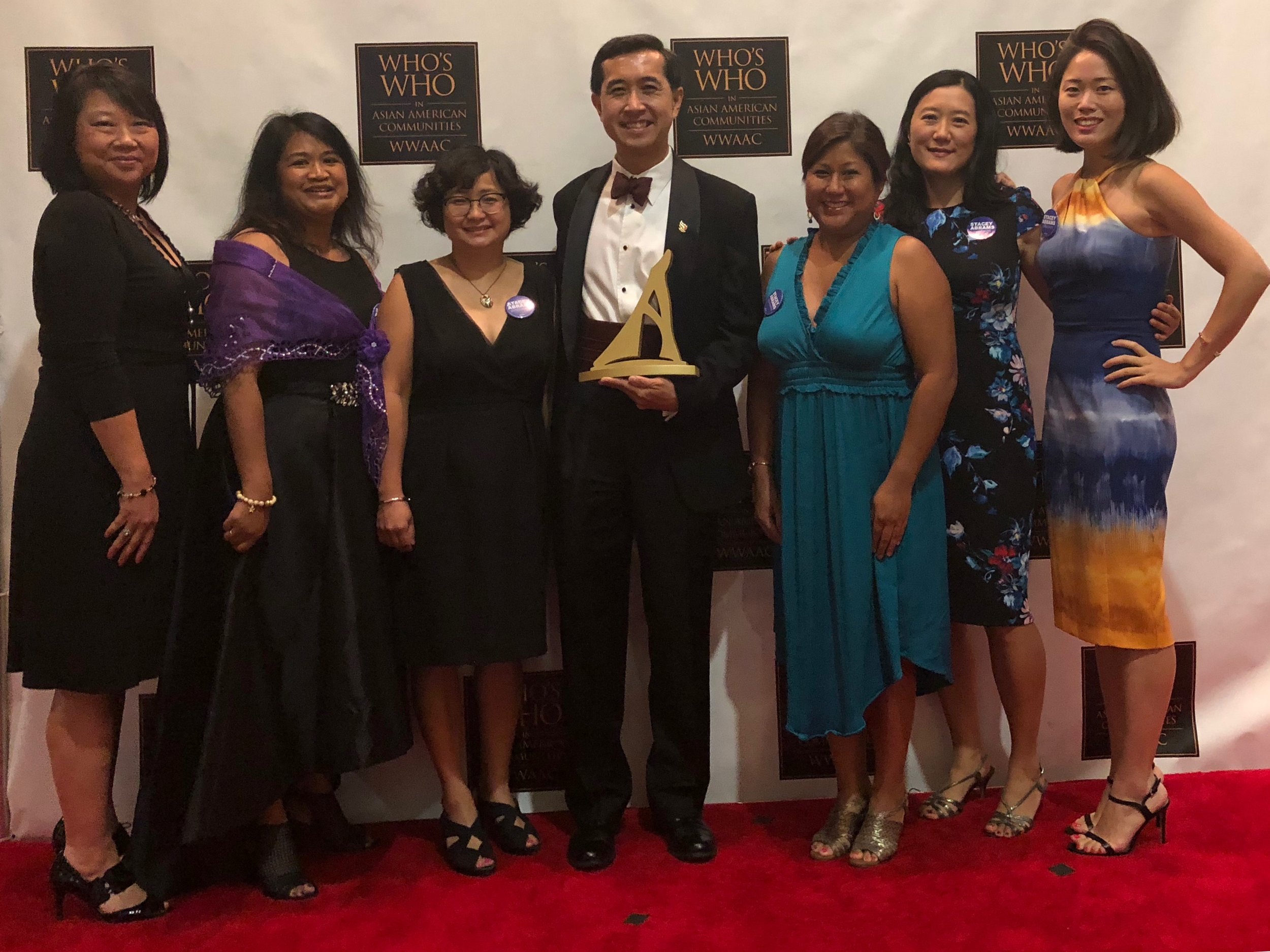 Sue Ann Hong, Jennifer Cruz, Huong Nguyen, John C. Yang (President and Executive Director of Asian Americans Advancing Justice), Laura Cansicio, Jennifer Brower, Grace Choi at WWAAC. APAWLI fellows were guests of Sachi Koto, founder.