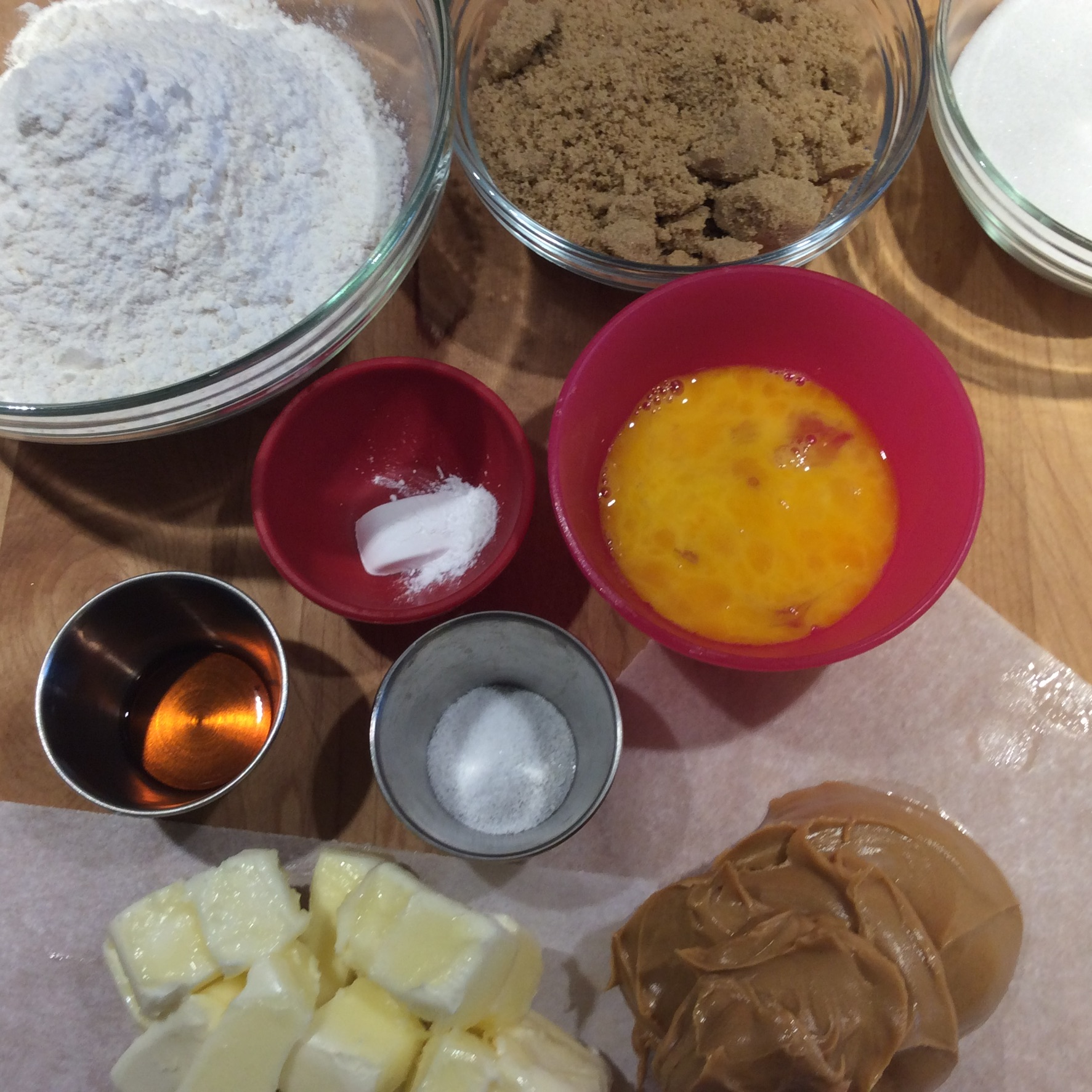 Peanut Butter Mise en Place - note I weighed the butter and peanut butter on pieces of parchment paper - less dishes......