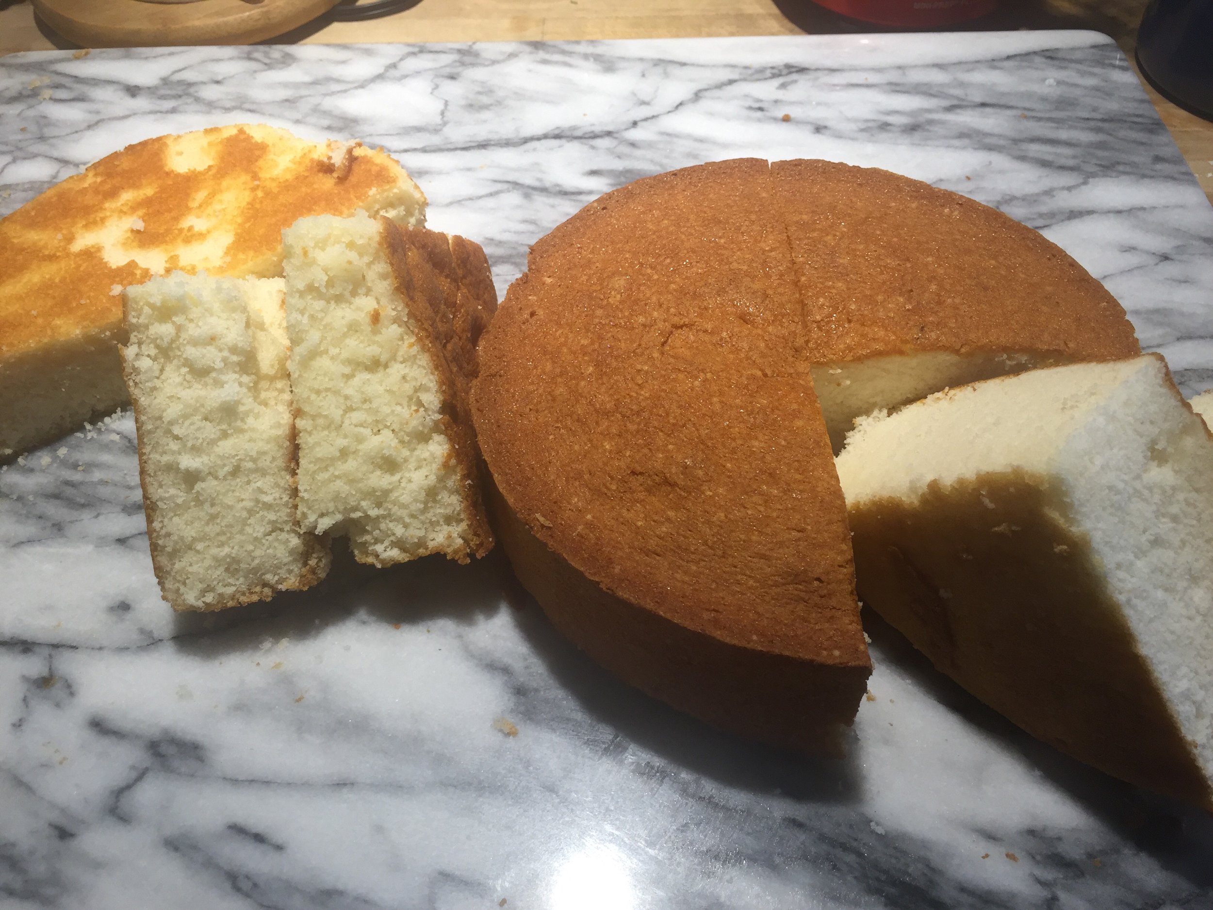 The real cake flour cake is on the right and the all purpose/cornstarch blend is on the left.
