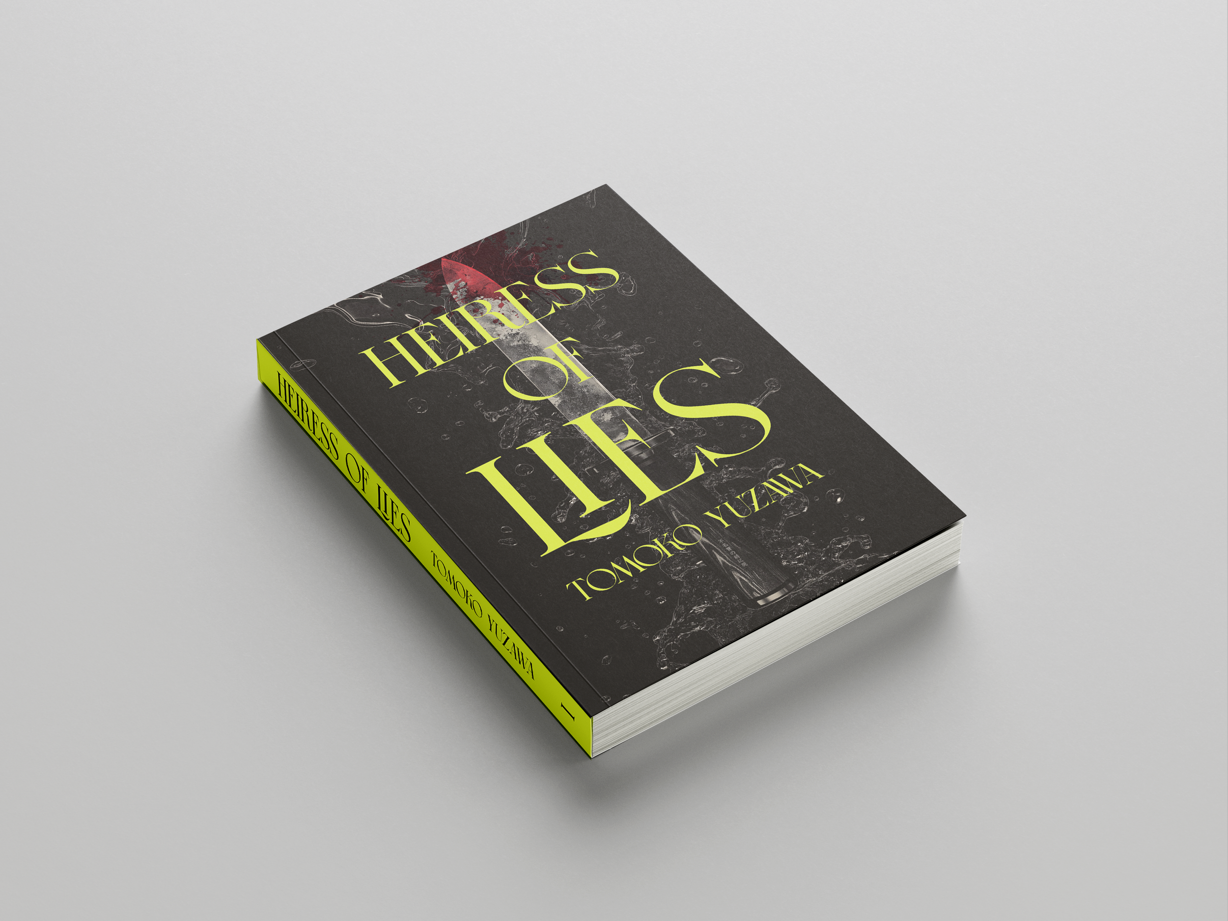 Book titled 'Heiress of Lies' by Tomoko Yuzawa, featuring a dark cover with yellow text and abstract design, lying on a light gray surface.