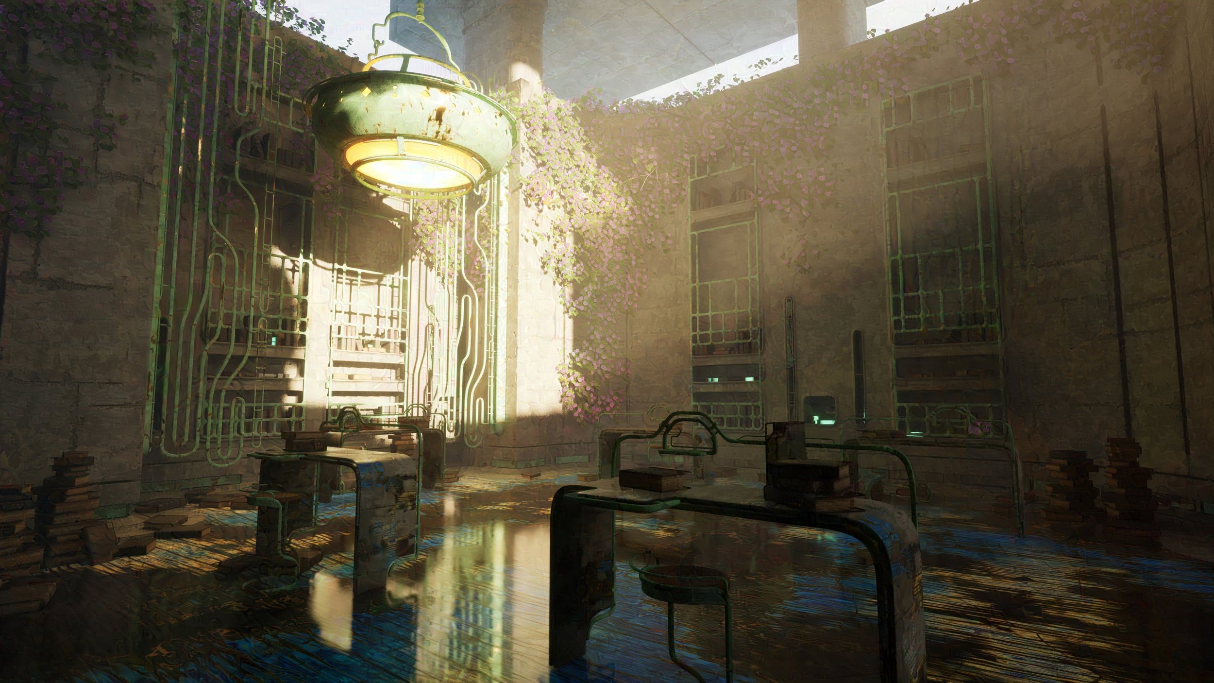 Alien Library environment in UE5. I designed and modeled this space after being inspired by a visit to a local public library. Image is protected with Glaze so there are some artifacts and blurring. 